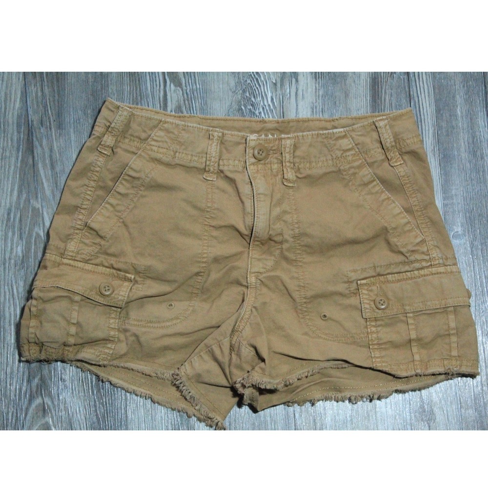 American Eagle Shorts Women's Sz 0 Tan Khaki Cargo Shorts Stretch Raw Hem